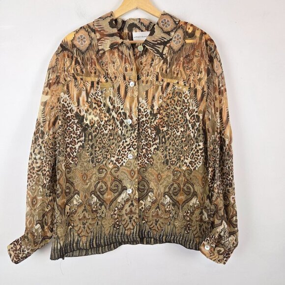 Alfred Dunner Button Up Shirt Womens 16W Animal Print Burnout Mobwife Sheer - Picture 1 of 13
